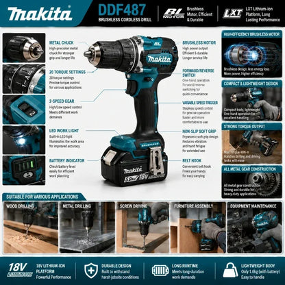 Trapano Avvitatore a Batteria Makita 18V LXT Brushless DDF487 10mm ad Alta Coppia + Batteria BL1860B BL1840 - Spedizione Veloce da Magazzino EU