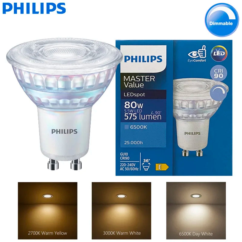 Philips LED GU10 PAR16 MASTER Value 5.5W (=80W Alogeno) 220-240V 36 °   Faretto Orientabile Dimmerabile LED Bianco 2700K 3000K 6500K