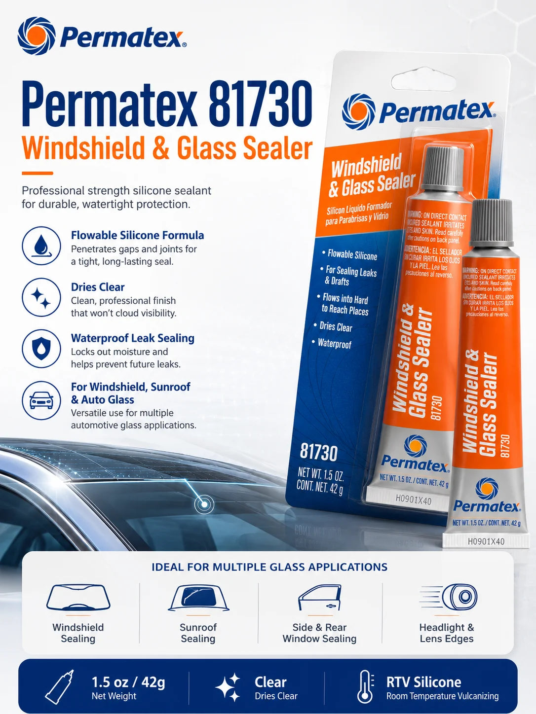 Permatex 81730 Sigillante Siliconico Fluido Trasparente Impermeabile per Parabrezza Auto, Riparazione Perdite Finestrini, Tettuccio e Fari