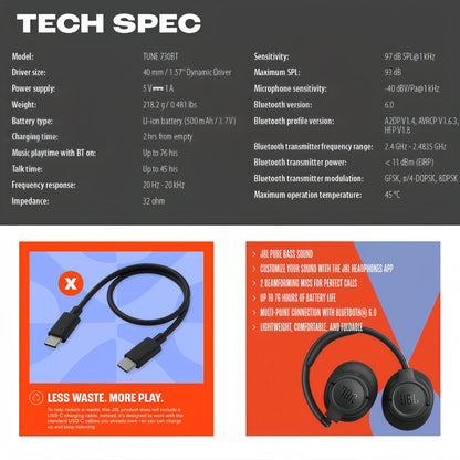 Cuffie wireless JBL Tune 730BT, dotate di tecnologia avanzata di cancellazione del rumore, leggere, pieghevoli, cuffie Bluetooth.