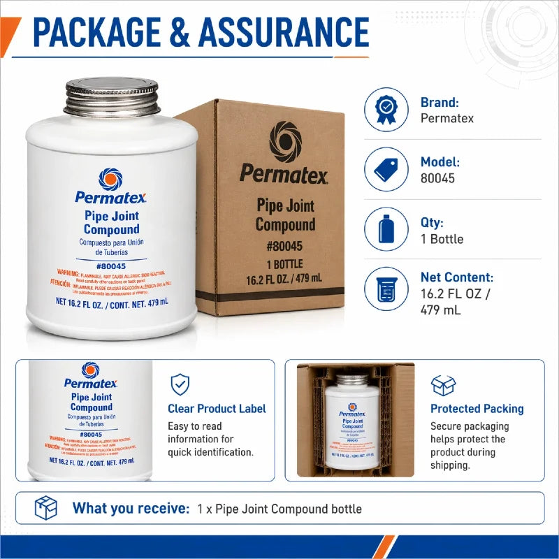 Permatex 80045 Sigillante per Giunti di Tubi Resistente al Calore per Linee di Acqua, Olio e Carburante Non Indurente 479mL