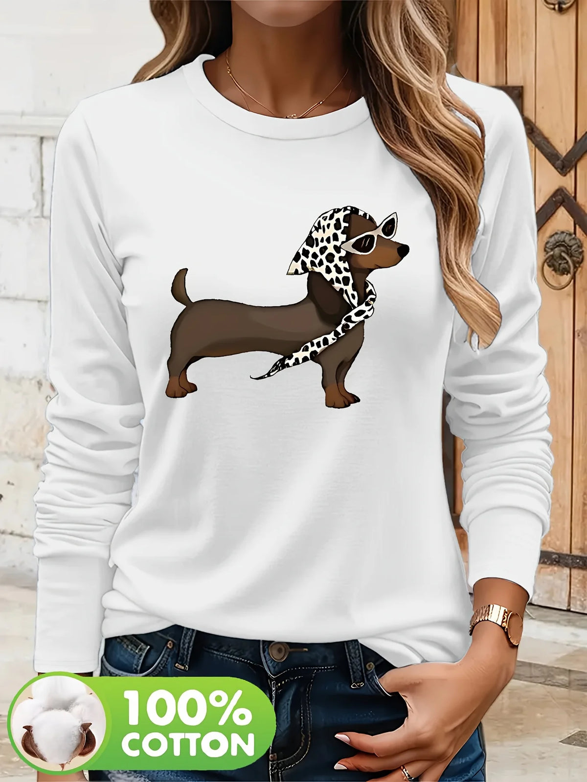 T-shirt da donna in 100% puro cotone, a maniche lunghe, con scollo rotondo, stile casual, con stampa grafica floreale, vestibilità ampia, ideale per la primavera e l'autunno.