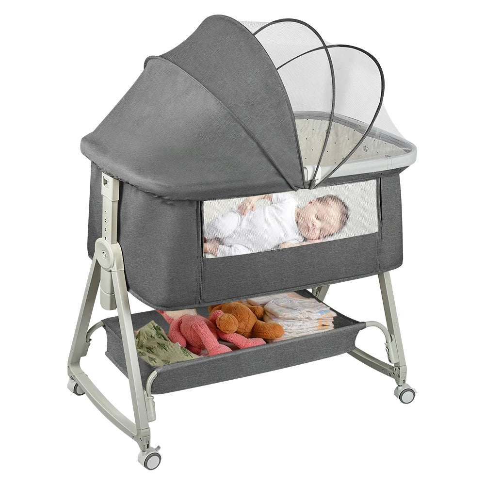 Culla 4-in-1 per Neonati, Culla Co-sleeping con Ruote Integrate, con Materasso e Zanzariera, Grigio, 91L X 50L X 68-81H Cm
