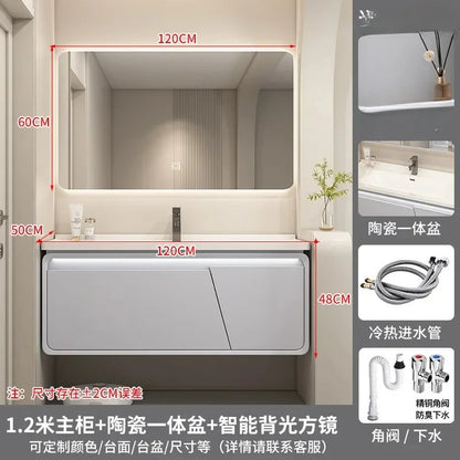 Mobile Bagno Moderno Intelligente con Lavabo Integrato in Ceramica, Armadietti in Rovere, Specchio LED e Mobiletto - Arredamento Bagno