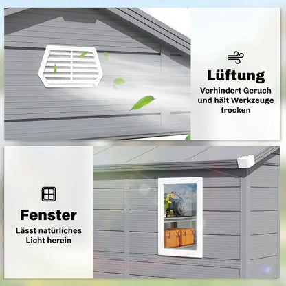 Casetta per attrezzi da giardino con finestra di ventilazione, in plastica e metallo, 240 x 190 x 180/228, Grigio