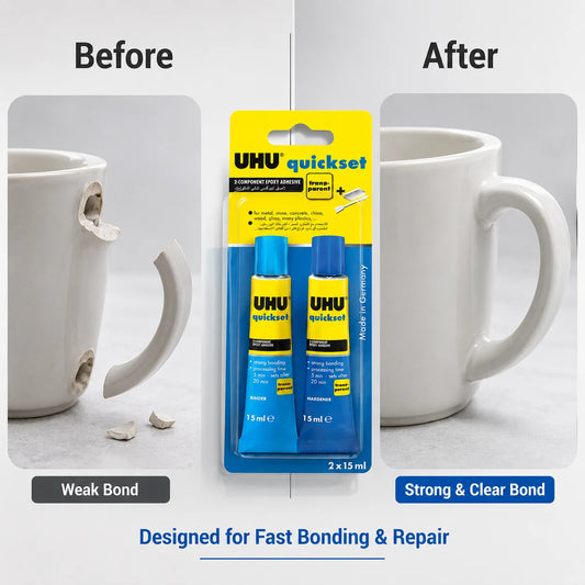Adesivo Epossidico UHU Quickset 30ml Trasparente Colla Bicomponente AB ad Asciugatura Rapida per Riparazioni di Metallo, Ceramica, Vetro e Plastica