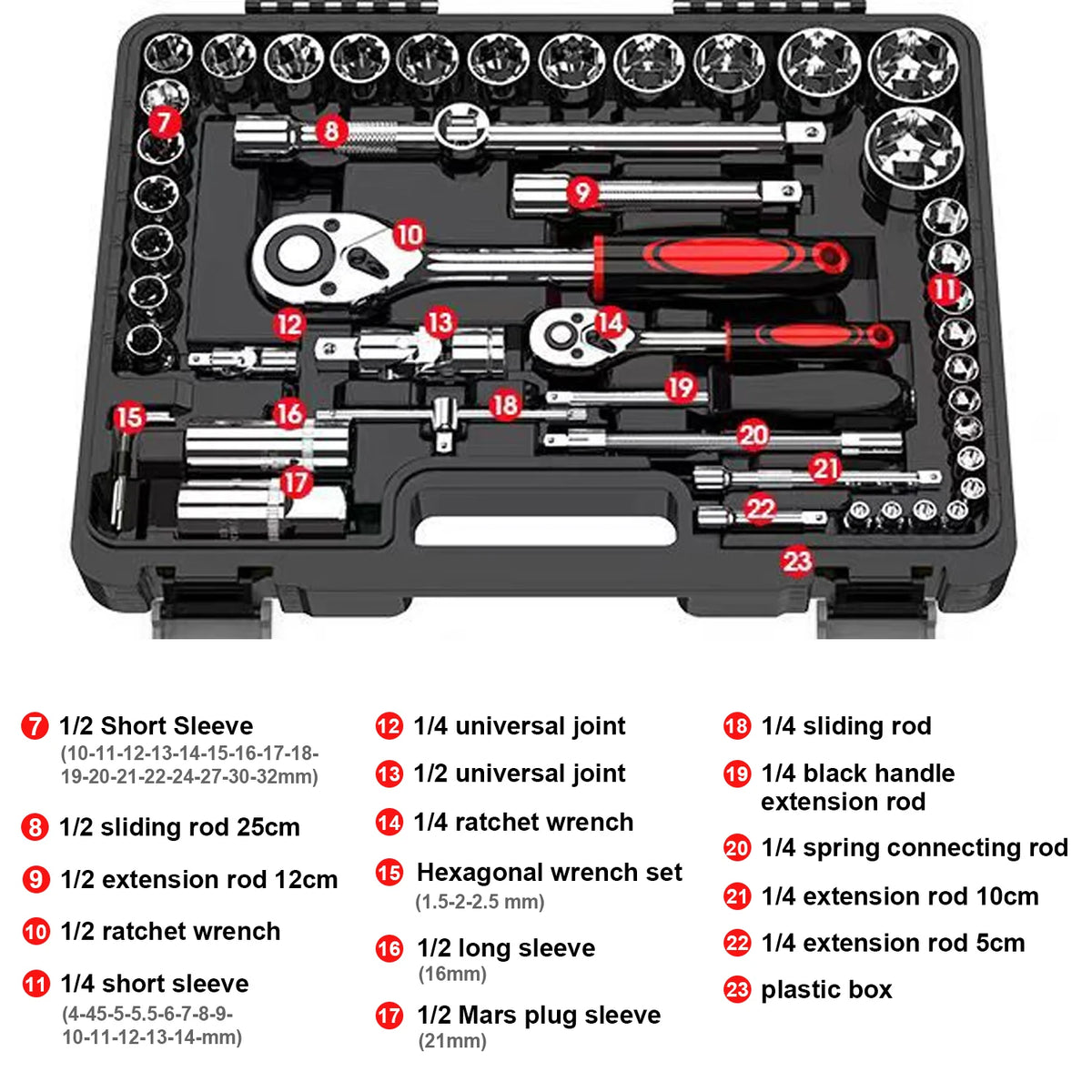 Set di chiavi a cricchetto e bussole da 114 pezzi/100 pezzi, kit di attrezzi per la riparazione di auto, set di chiavi a cricchetto da 1/4" e 1/2", combinazione di chiavi a cricchetto e chiavi dinamometriche, con maschi (M3,