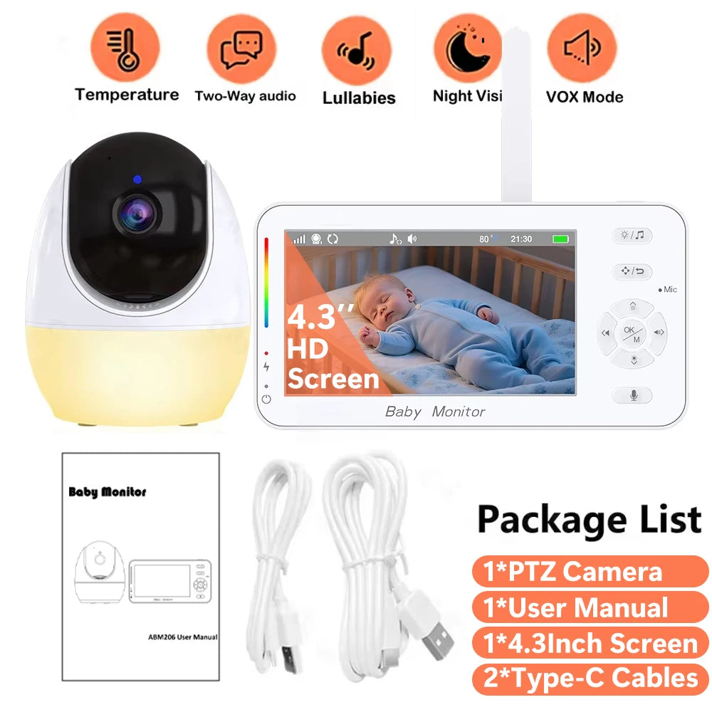 Monitor per bambini HD da 4,3 pollici con telecamera PTZ, funzione di panoramica, inclinazione e zoom, monitor video per bambini con sensore di temperatura, audio bidirezionale, visione notturna, modalità VOX, melodie per la