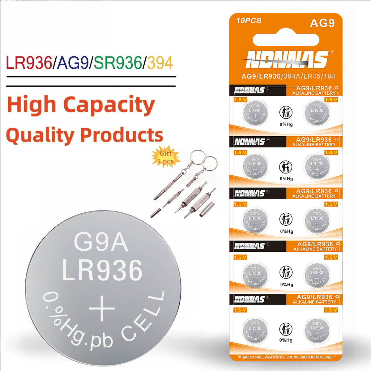 Batterie AG9 SR936SW/394 1.55V Alcaline a Bottone Ideali per Apparecchi Acustici, Orologi, Calcolatrici, Termometri, Giocattoli ecc.