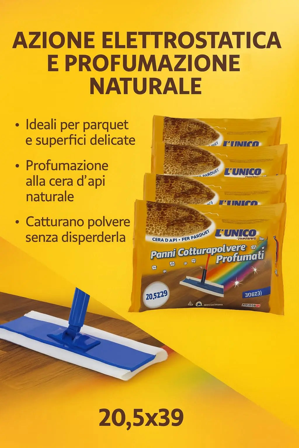 Panni antipolvere profumati Generico L'Unico con cera d'api - Confezione da 5x20 100 Panni – Elettrostatici per Parquet e Pavimenti, Profumo Naturale, Formato Maxi 20,5X39 Cm, Made in Italy