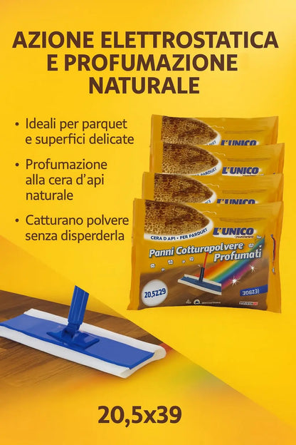 Panni antipolvere profumati Generico L'Unico con cera d'api - Confezione da 5x20 100 Panni – Elettrostatici per Parquet e Pavimenti, Profumo Naturale, Formato Maxi 20,5X39 Cm, Made in Italy
