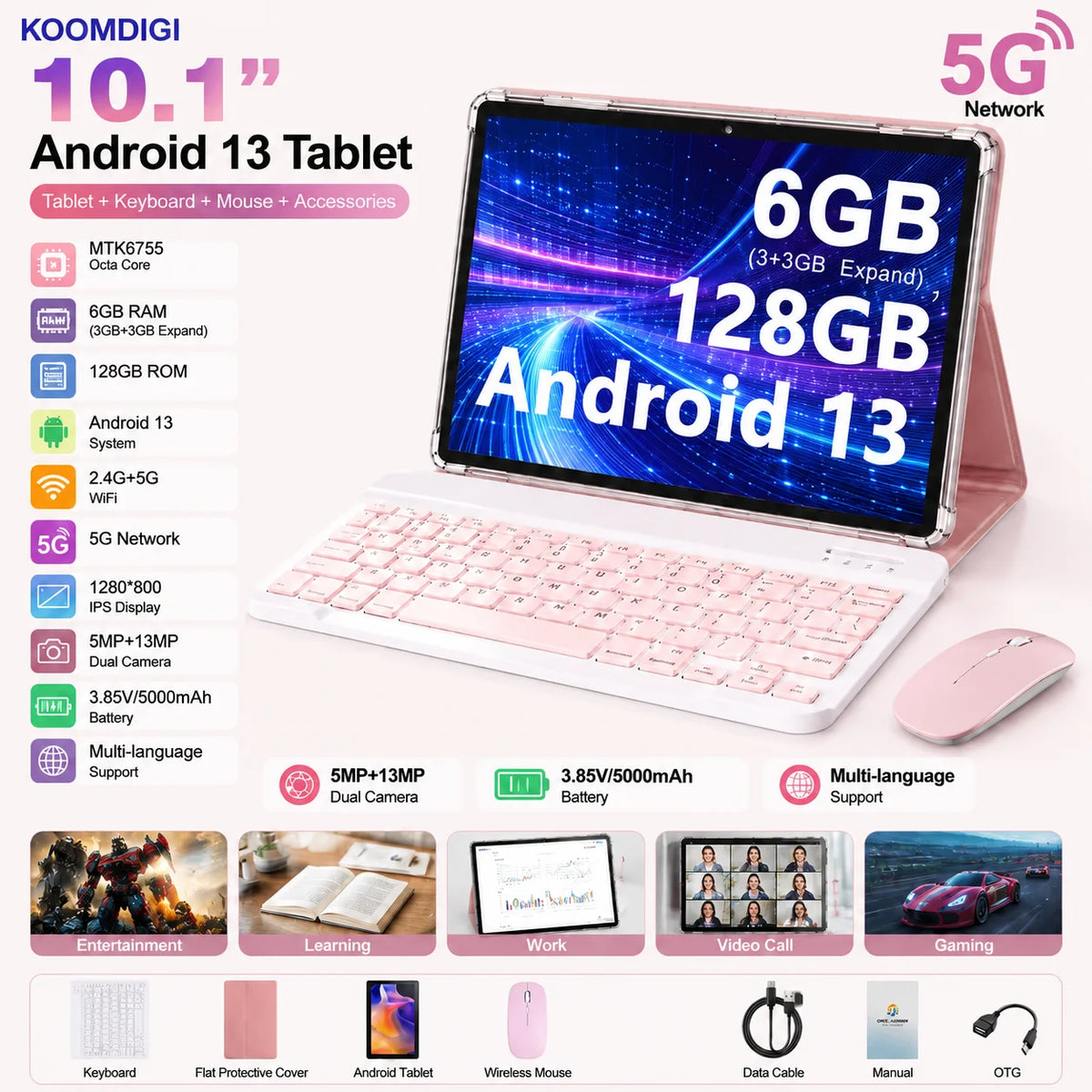 Tablet Android Koomdigi T30 Pro, dotato di schermo touchscreen HD da 10,1 pollici con risoluzione 1280x800, memoria interna da 128 GB con possibilità di espansione fino a 1 TB tramite scheda TF, processore MTK, tastiera e cu