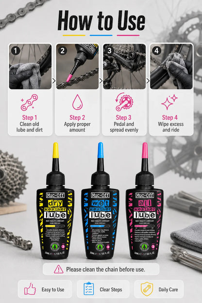 Lubrificante per Catene Muc-Off 50ml, per Uso a Secco o Bagnato, Adatto a Tutte le Condizioni Atmosferiche, Riduce l'Attrito e Garantisce Cambi Fluidi per Biciclette da Strada e MTB