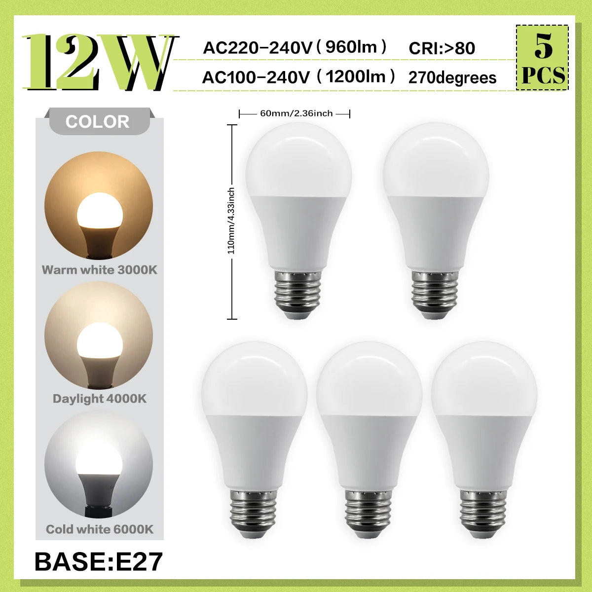 Set di 5 Lampadine LED E27 da 20W, 18W, 15W, 12W, 10W, 9W, 8W, AC220V, Potenza Reale, A60 A80, per Soggiorno e Casa