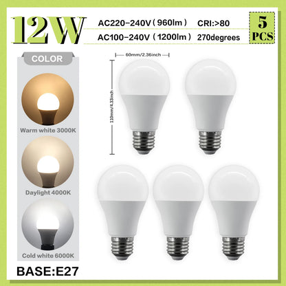 Set di 5 Lampadine LED E27 da 20W, 18W, 15W, 12W, 10W, 9W, 8W, AC220V, Potenza Reale, A60 A80, per Soggiorno e Casa