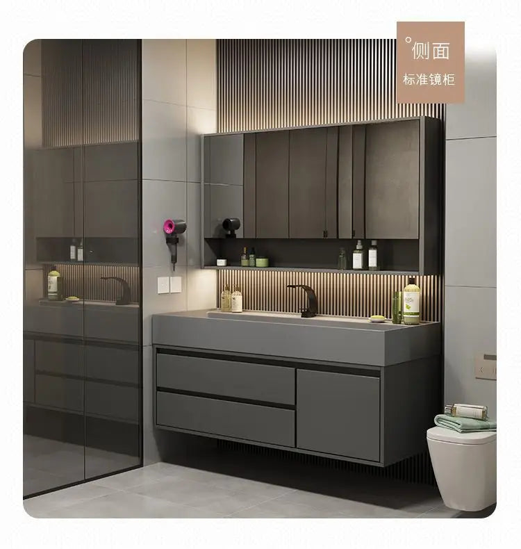 Combinazione di mobile lavabo e specchio da bagno in nano-roccia di lusso leggero