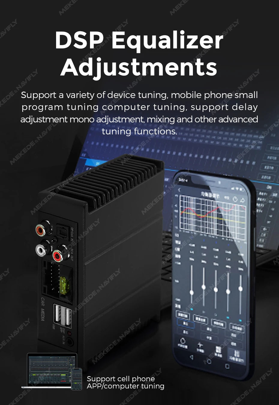 Amplificatore DSP per auto MEKEDE 4*80 W, compatibile con autoradio Android, regolazione EQ tramite app, plug-and-play, supporto fibra ottica/coassiale/AUX/RCA/USB