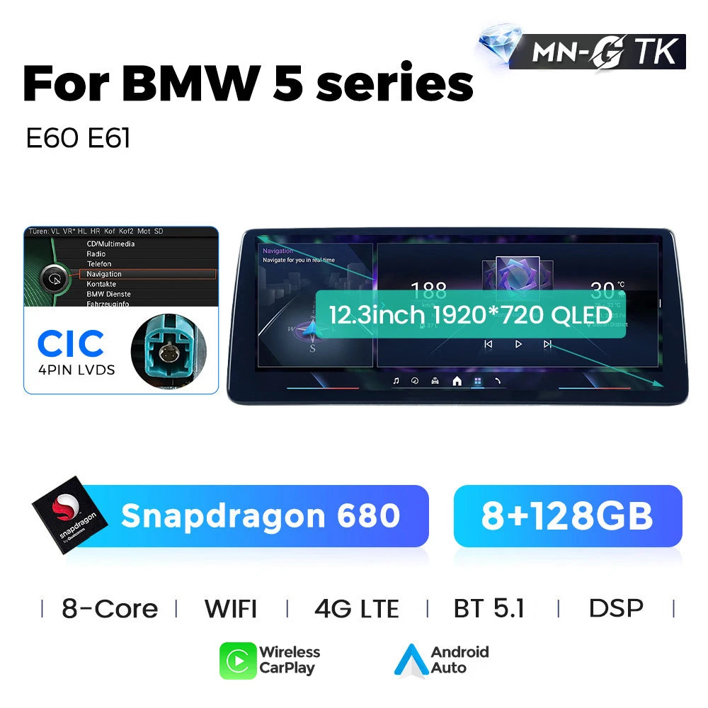 Mekede 10.25/12.3 pollici QLED Android 14 Snapdragon 128GB ROM CarPlay Wireless Auto Multimedia per BMW Serie 5 E60 E61 E62 E63 E64 Sistema CCC CIC Navigazione GPS Doppio BT 4G WiFi DSP