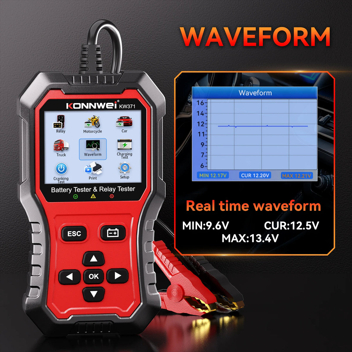 Tester Batteria Auto 2in1 KONNWEI KW371 2026 e Tester Relè a 4 Pin 5 Pin 6V 12V 24V con Stampa Dati Guasto, Test Avvio e Strumento di Scansione Ricarica