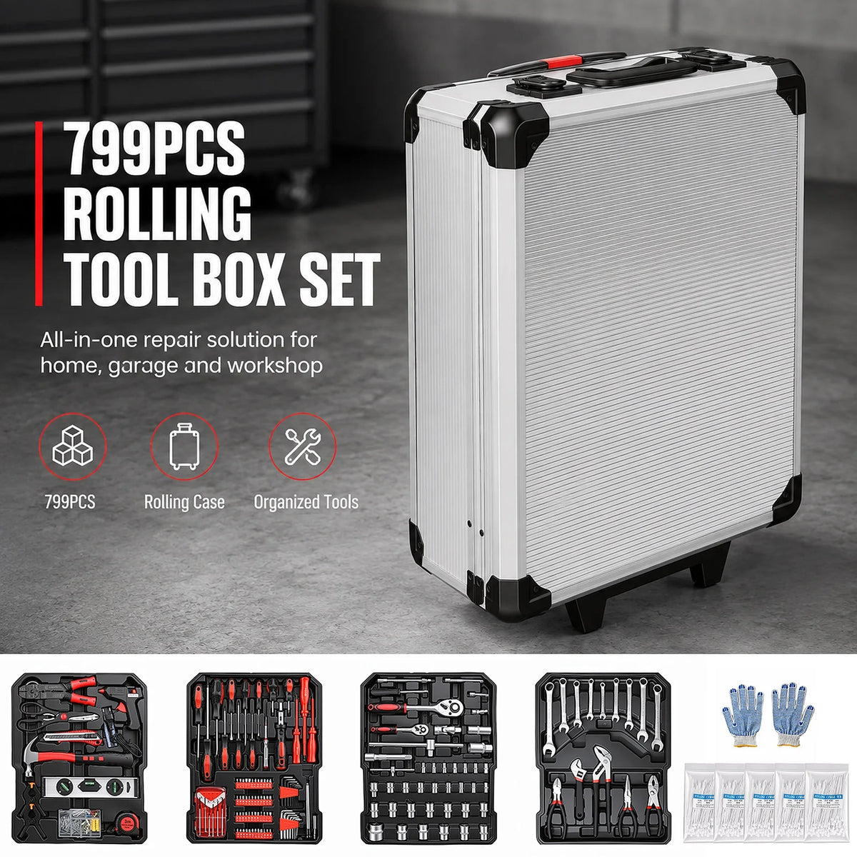 Set di 799 utensili meccanici per la riparazione domestica, kit di attrezzi manuali con chiavi e bussole, con carrello avvolgibile, utensili manuali in acciaio legato per la manutenzione meccanica di casa e auto, ideale come