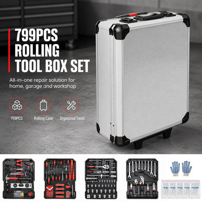 Set di 799 utensili meccanici per la riparazione domestica, kit di attrezzi manuali con chiavi e bussole, con carrello avvolgibile, utensili manuali in acciaio legato per la manutenzione meccanica di casa e auto, ideale come