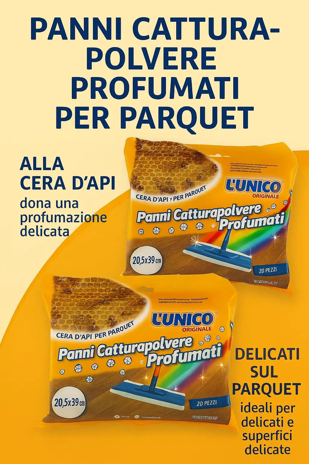 Panni antipolvere profumati Generico L'Unico con cera d'api - Confezione da 5x20 100 Panni – Elettrostatici per Parquet e Pavimenti, Profumo Naturale, Formato Maxi 20,5X39 Cm, Made in Italy