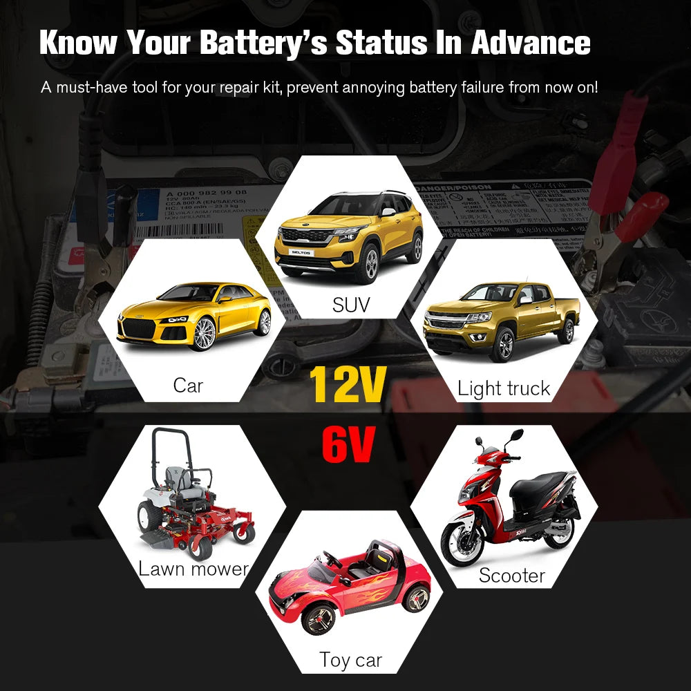 KONNWEI KW650 Tester batteria per auto 6V 12V Analizzatore automatico per auto moto da 100 a 2000 CCA Strumento di test di ricarica avviamento per auto Moto