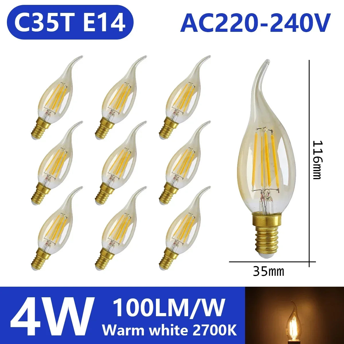 Confezione da 10 lampadine a filamento LED per E27 B22 220V 240V 4W 6W 9W Lampadine a LED bianche calde Lampada in vetro vintage
