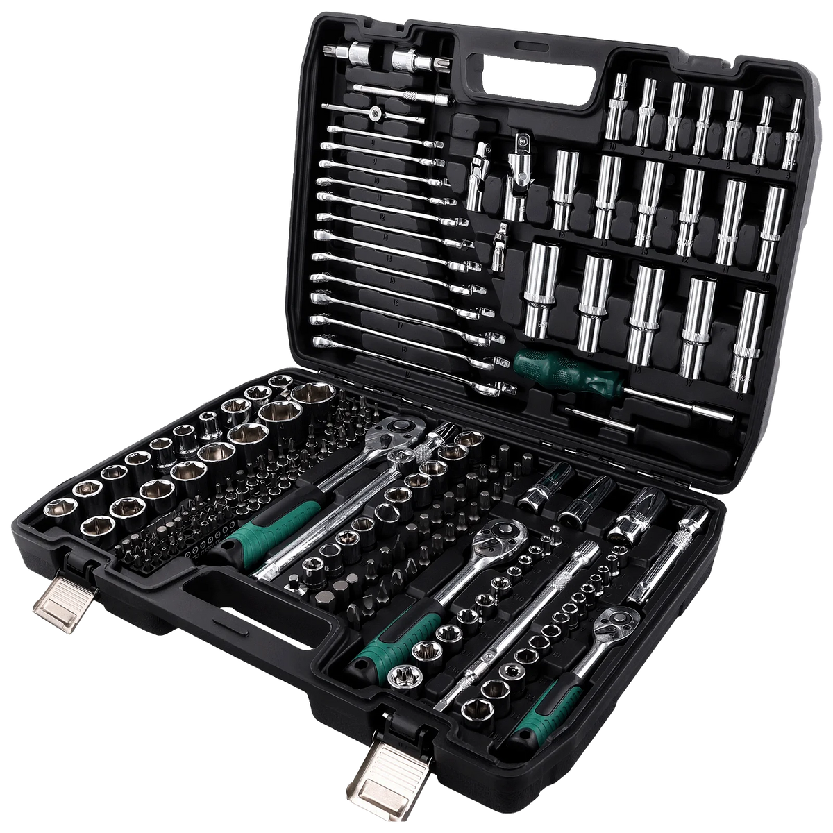 Podofo Set di 216 Pezzi di Utensili Avanzati per Riparazione Auto, Set di Chiavi a Bussola da 1/4", 3/8", 1/2" con Chiave a Cricchetto a 24 Denti, Chiave a Cricchetto Ergonomica, Set di Utensili per Meccanici per Riparazione