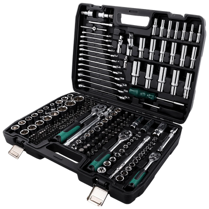Podofo Set di 216 Pezzi di Utensili Avanzati per Riparazione Auto, Set di Chiavi a Bussola da 1/4", 3/8", 1/2" con Chiave a Cricchetto a 24 Denti, Chiave a Cricchetto Ergonomica, Set di Utensili per Meccanici per Riparazione