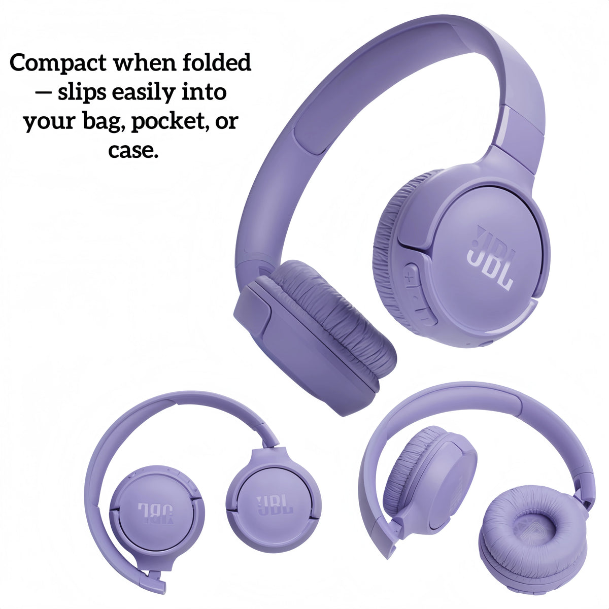 Cuffie wireless JBL Tune 520BT, modello on-ear, con Bluetooth 5.3, batteria da 57 ore, suono con bassi potenti, leggere, pieghevoli, connessione multipunto, ideali per l’uso quotidiano, in offerta.