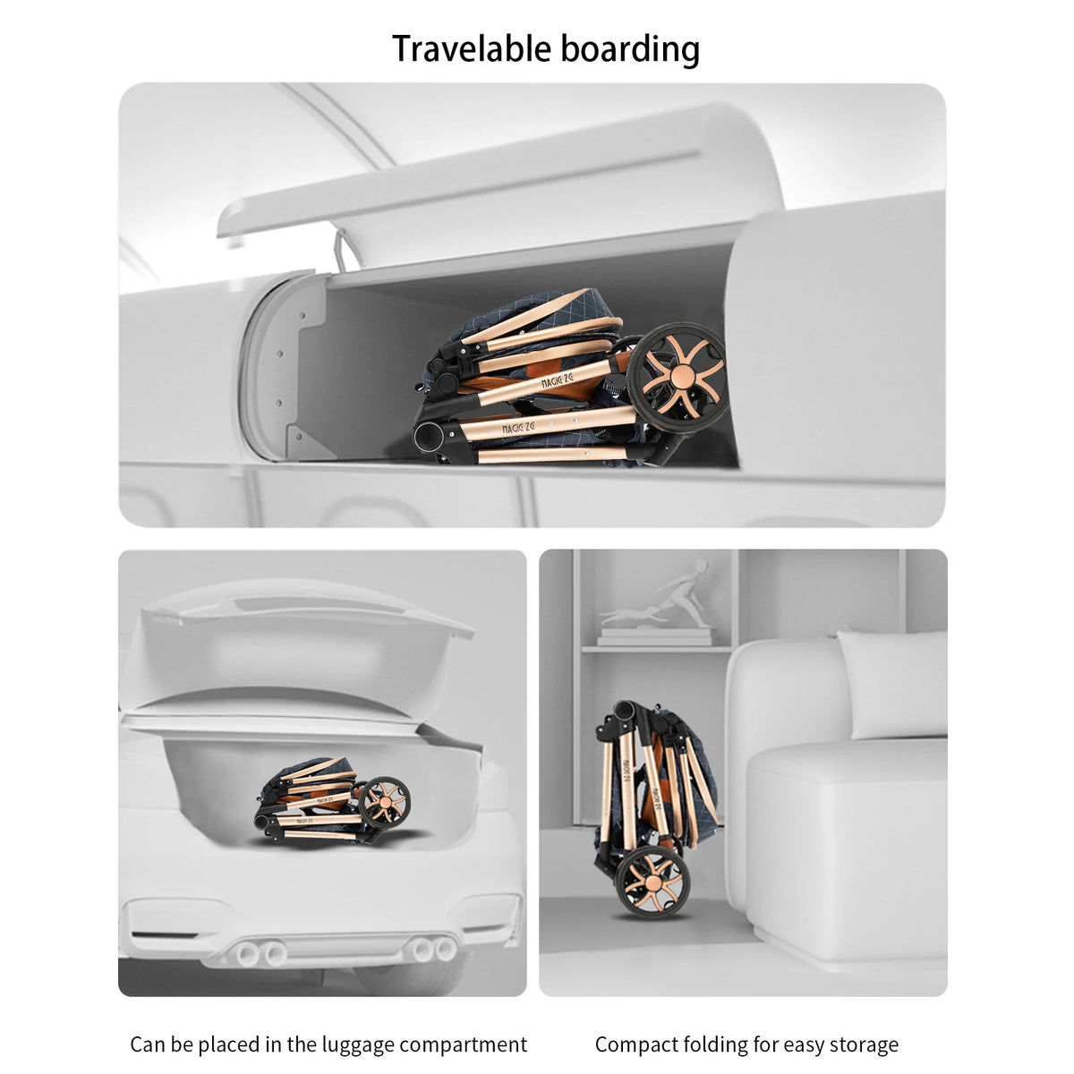 Passeggino Magic ZC 3 in 1, Sistema da Viaggio Compatto e Pieghevole con Navicella, Seggiolino Auto per Neonati e Seduta Reversibile, Carrozzina High Landscape, Ruote Ammortizzate, Manubrio Regolabile, Chiusura con Una Mano,