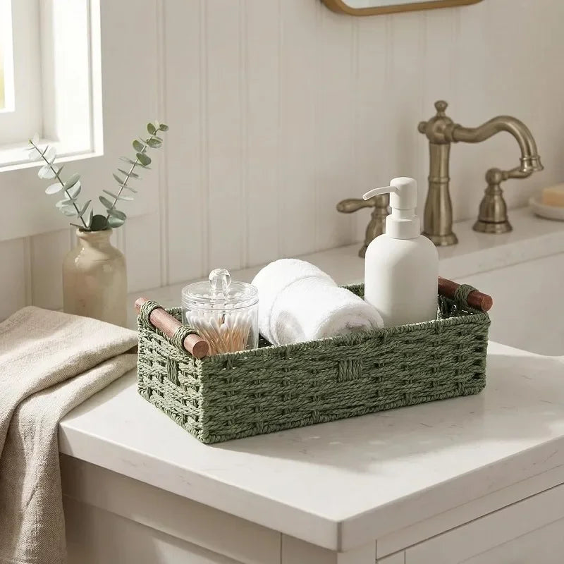 Cesto portaoggetti in legno massello con manico in corda di carta intrecciata in stile forestale, organizer per la cura del bagno e del lavabo, cesti da ripiano