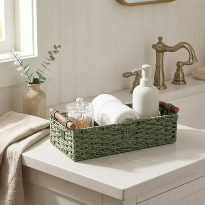 Cesto portaoggetti in legno massello con manico in corda di carta intrecciata in stile forestale, organizer per la cura del bagno e del lavabo, cesti da ripiano