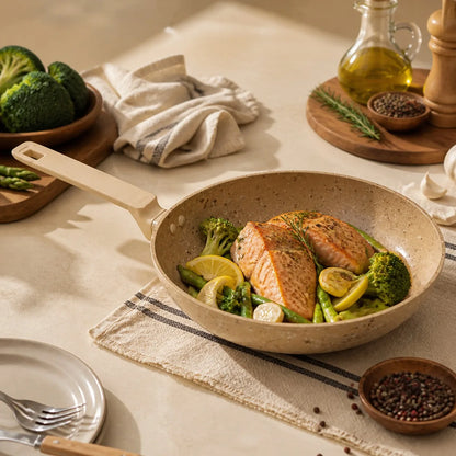 Padella in alluminio da 28 cm con rivestimento antiaderente effetto pietra, padella da cucina versatile compatibile con tutti i tipi di piani cottura, inclusa l'induzione, manico ergonomico e cottura sana senza sforzo.