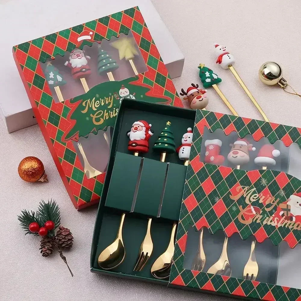 Set cucchiaio e forchetta natalizio in acciaio inossidabile caffè tè utensili da dessert confezione regalo design albero di Babbo Natale facile da pulire     6/4/2/1PZ