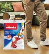 Sistema di Pulizia Pavimenti Vileda Turbo con Secchio e Pedale, Mop in Microfibra 2-in-1, Piastra Triangolare a 360° °   Manico Telescopico