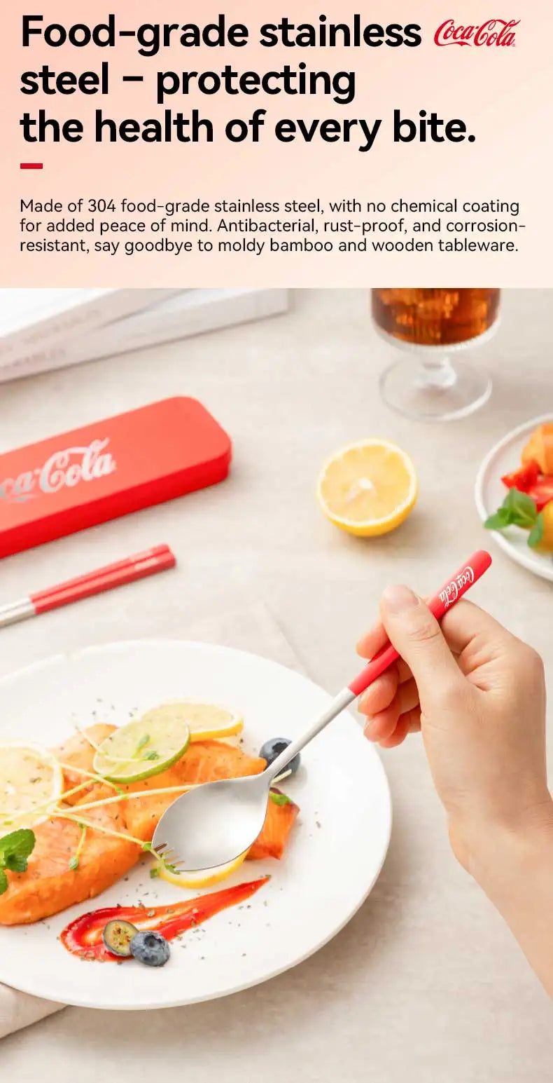 Set di posate portatili Coca Cola in acciaio inossidabile 304, forchetta e cucchiaio da viaggio con custodia per campeggio, picnic, cucina all'aperto, idea regalo
