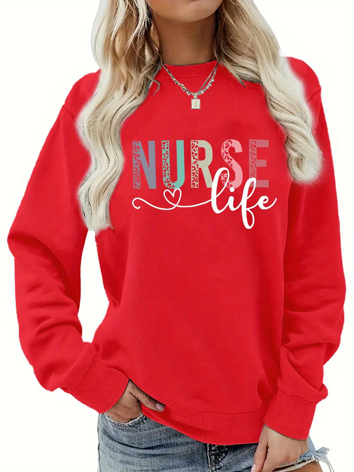 Felpa pullover da donna con stampa INFEZIONE casual, design geometrico, manica lunga, girocollo, lavabile in lavatrice, vestibilità regolare per l'autunno