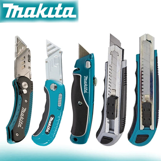 Coltello multiuso Makita con lame a scatto, caricamento facile, lame extra retrattili, impugnatura comoda in gomma, strumento manuale combinato completo