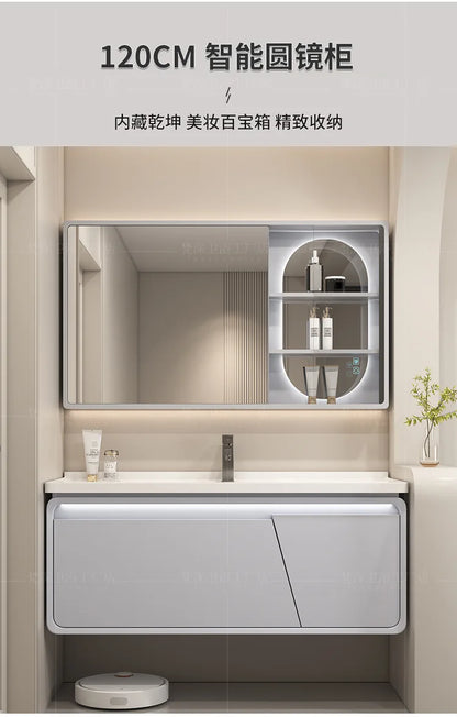 Mobile Bagno Moderno Intelligente con Lavabo Integrato in Ceramica, Armadietti in Rovere, Specchio LED e Mobiletto - Arredamento Bagno