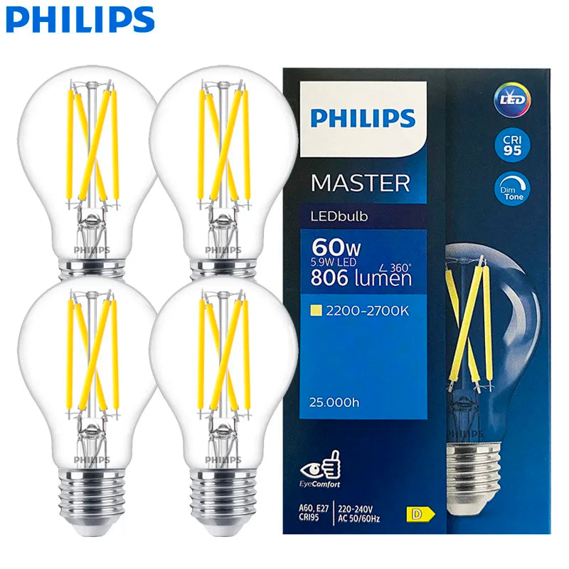 Philips Master E27 A60 Lampadina a filamento LED Lampade trasparenti 5,9 W (=60 W Incandesce) 220-240 V DimTone LED dimmerabile per interni Luce domestica CRI90