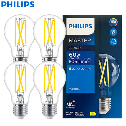 Philips Master E27 A60 Lampadina a filamento LED Lampade trasparenti 5,9 W (=60 W Incandesce) 220-240 V DimTone LED dimmerabile per interni Luce domestica CRI90
