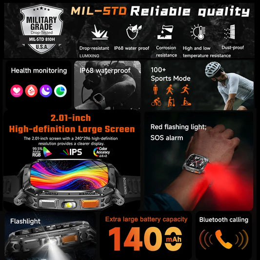 Nuovo smartwatch militare con batteria da 1400 mAh, impermeabile IP68, torcia, monitoraggio della salute, chiamate sportive, per iOS e Android