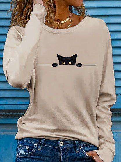 T-shirt da donna in 100% puro cotone, ideale per la primavera e l'autunno, comoda, casual, alla moda, con maniche lunghe, stampa grafica a tema felino e scollo rotondo.