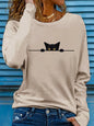T-shirt da donna in 100% puro cotone, ideale per la primavera e l'autunno, comoda, casual, alla moda, con maniche lunghe, stampa grafica a tema felino e scollo rotondo.