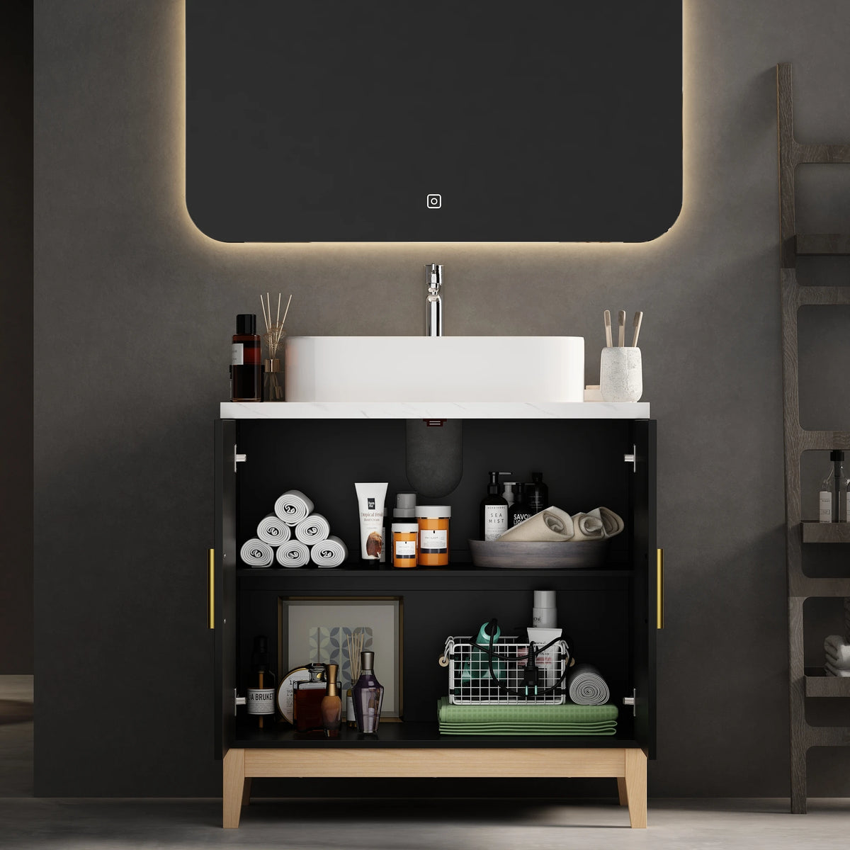 Mobile da bagno moderno con lavabo e 2 ante portaoggetti, mobile lavabo con porta troppopieno e maniglie in metallo, nero