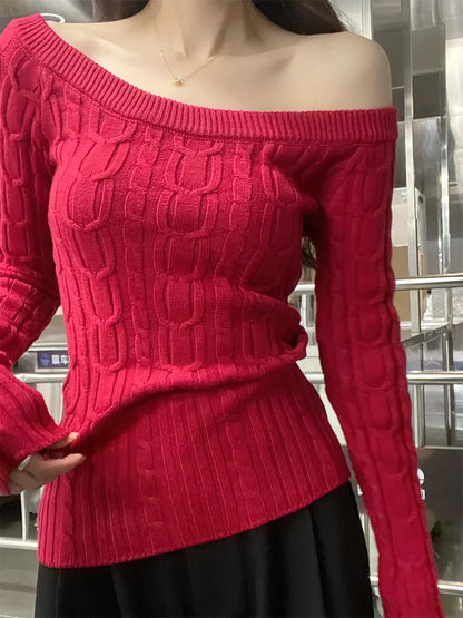 Maglione casual a coste con spalle scoperte, pullover da donna a maniche lunghe, maglietta basic bianca, pullover slim, top sexy da donna con una spalla scoperta, nuovo