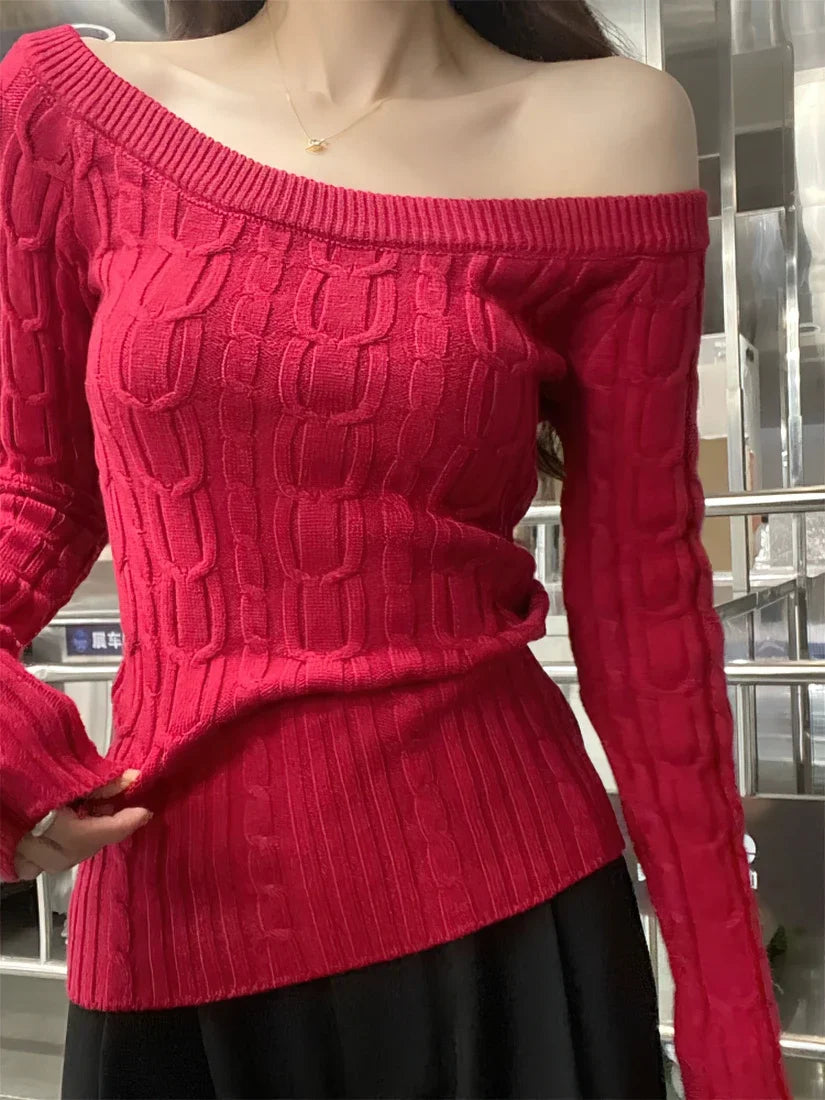 Maglione casual a coste con spalle scoperte, pullover da donna a maniche lunghe, maglietta basic bianca, pullover slim, top sexy da donna con una spalla scoperta, nuovo