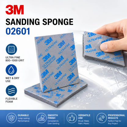 Spugna Abrasiva Ultra Fine 3M 02601, Grana 800-1000, per Levigatura a Secco e Umido, Flessibile, per Metallo, Legno e Plastica